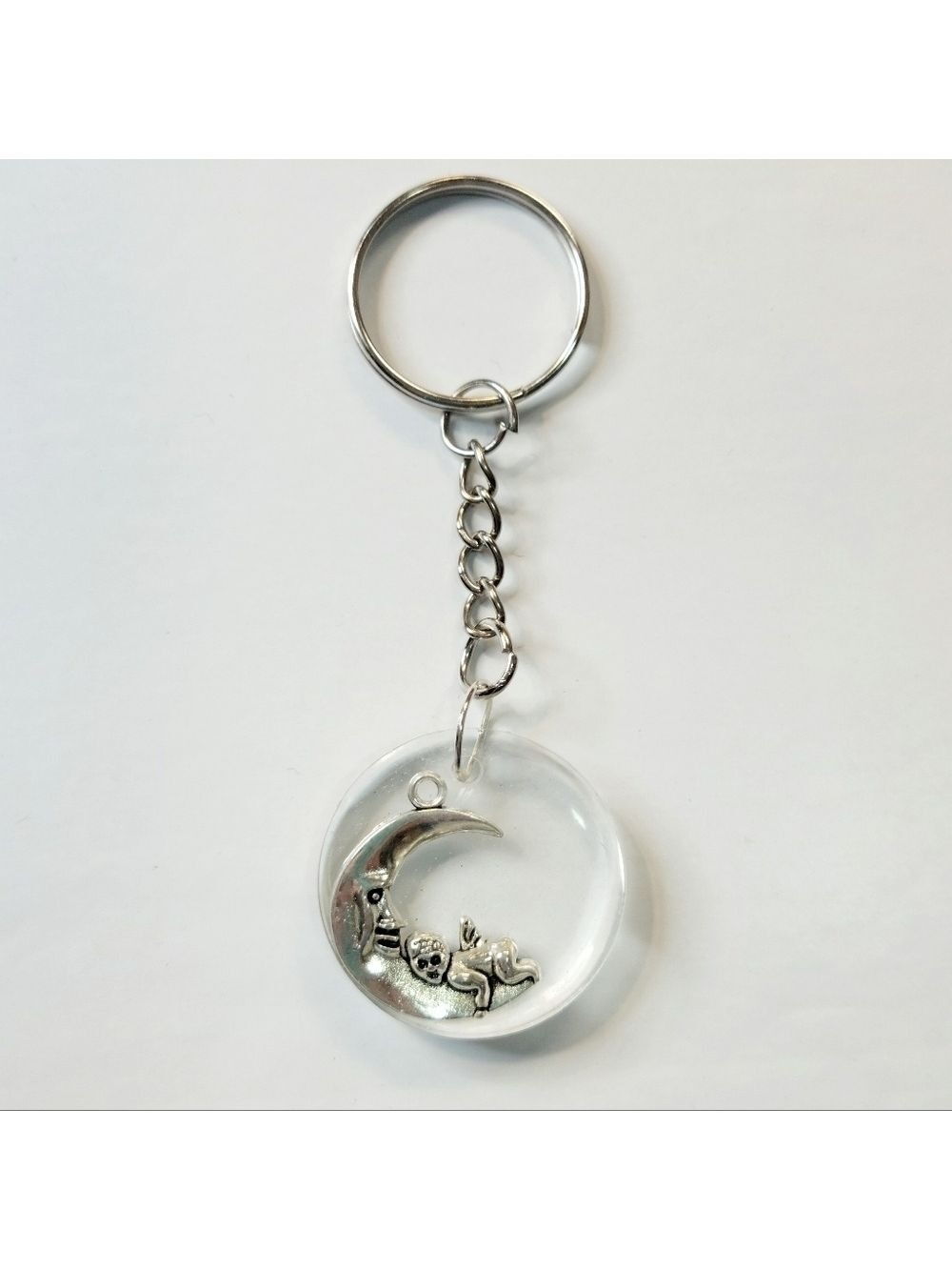 Silver Moon and Cupid Resin Keychain Handmade